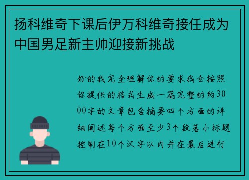 扬科维奇下课后伊万科维奇接任成为中国男足新主帅迎接新挑战